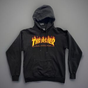 Thrasher Magazine Mens Hoodie Sz S Black Pullover Skateboard Spellout Logo Y2K